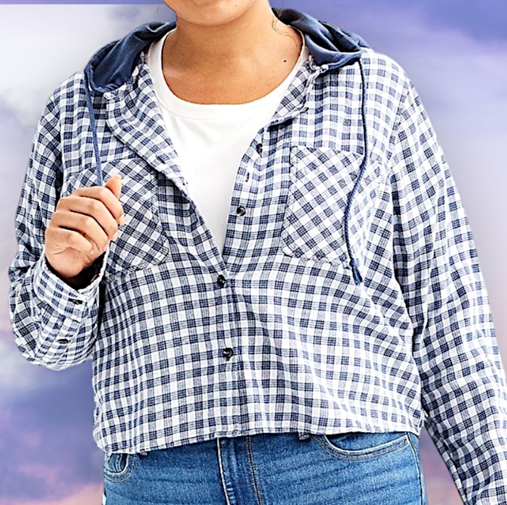 NWT 2XL Cropped Plaid Button Up Hoodie w 2 Pockets & High Low Hemline - Picture 8 of 16